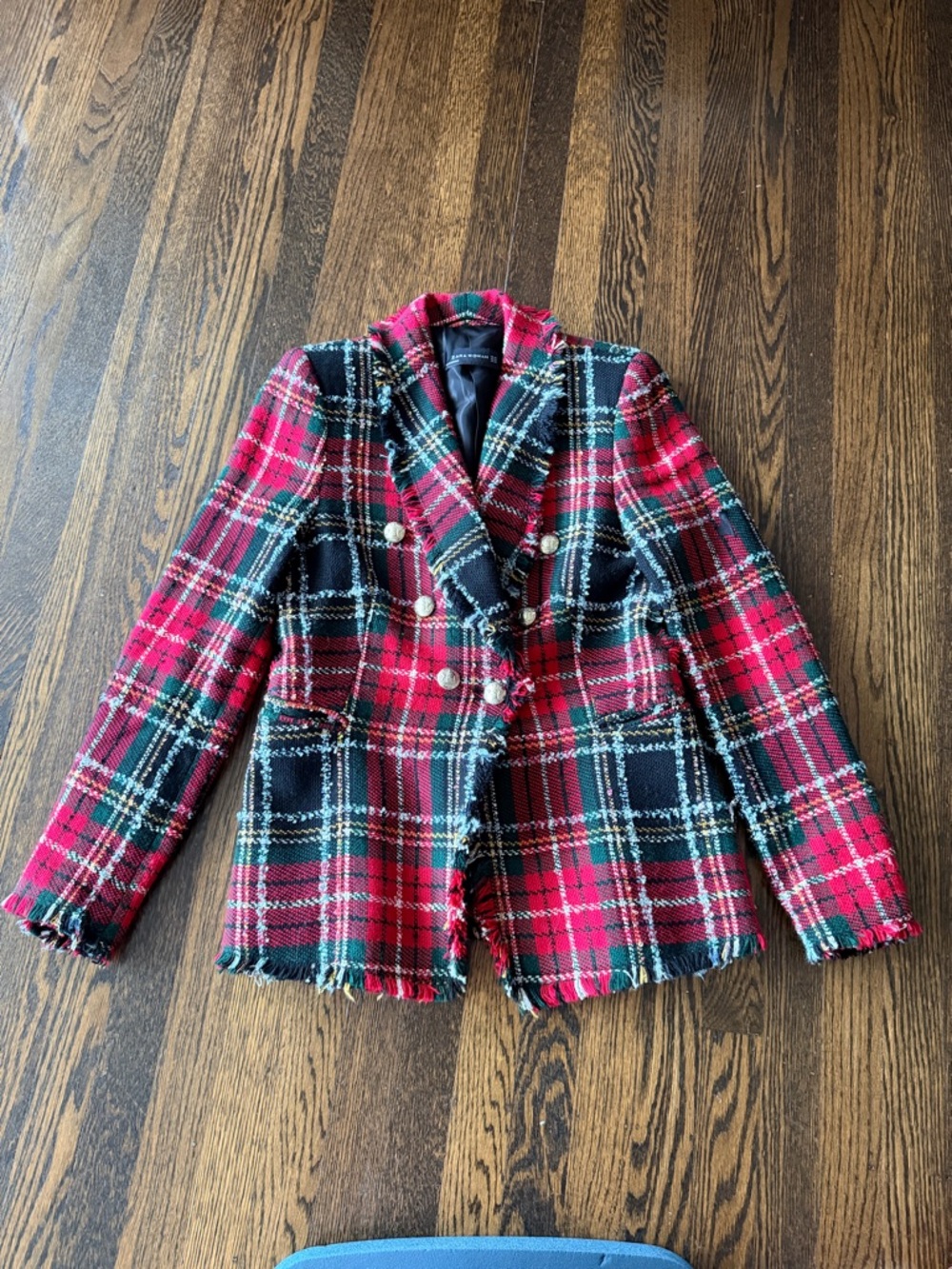 Zara Red and Black Plaid Tweed Double-Breasted Blazer xs